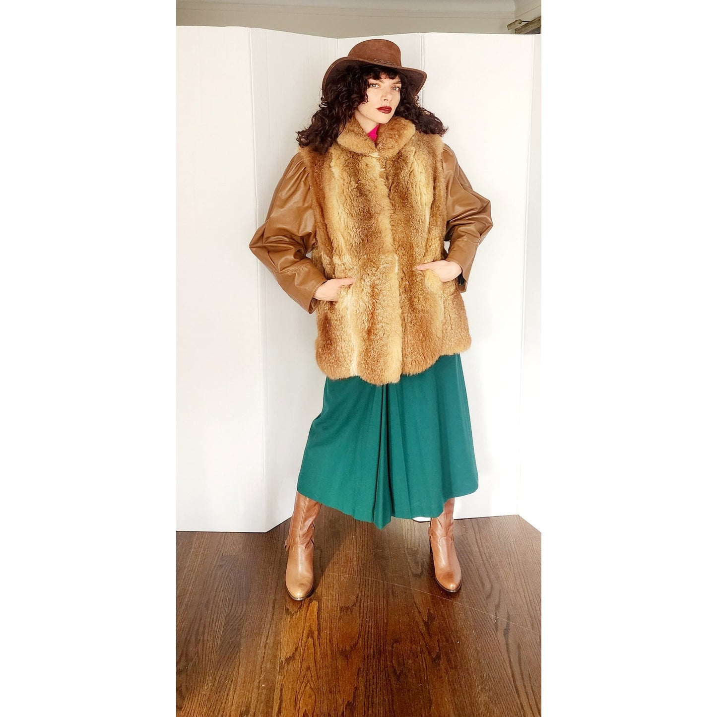 1970s Brown Leather Jacket w/Possum Fur Boho / Large