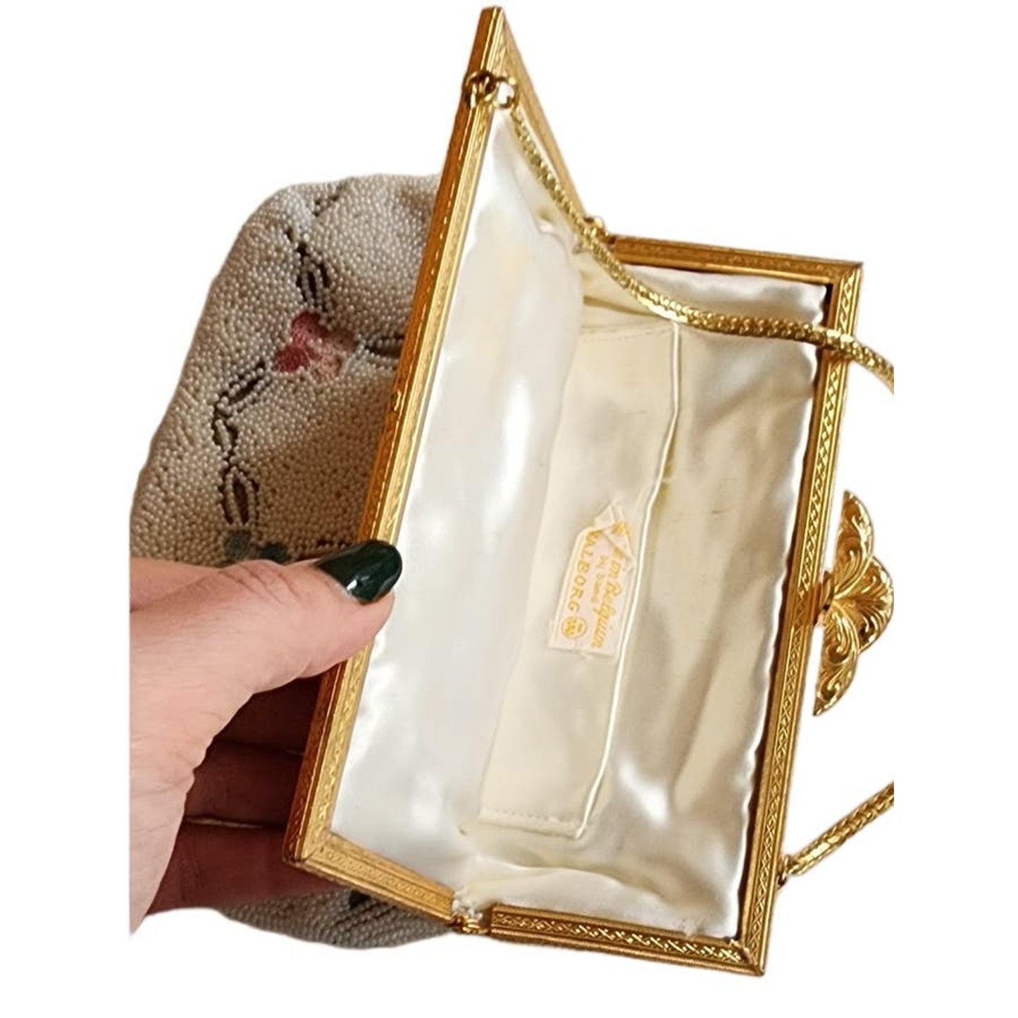 Vintage 50s Evening Bag White Beads Floral Embroidery Walborg
