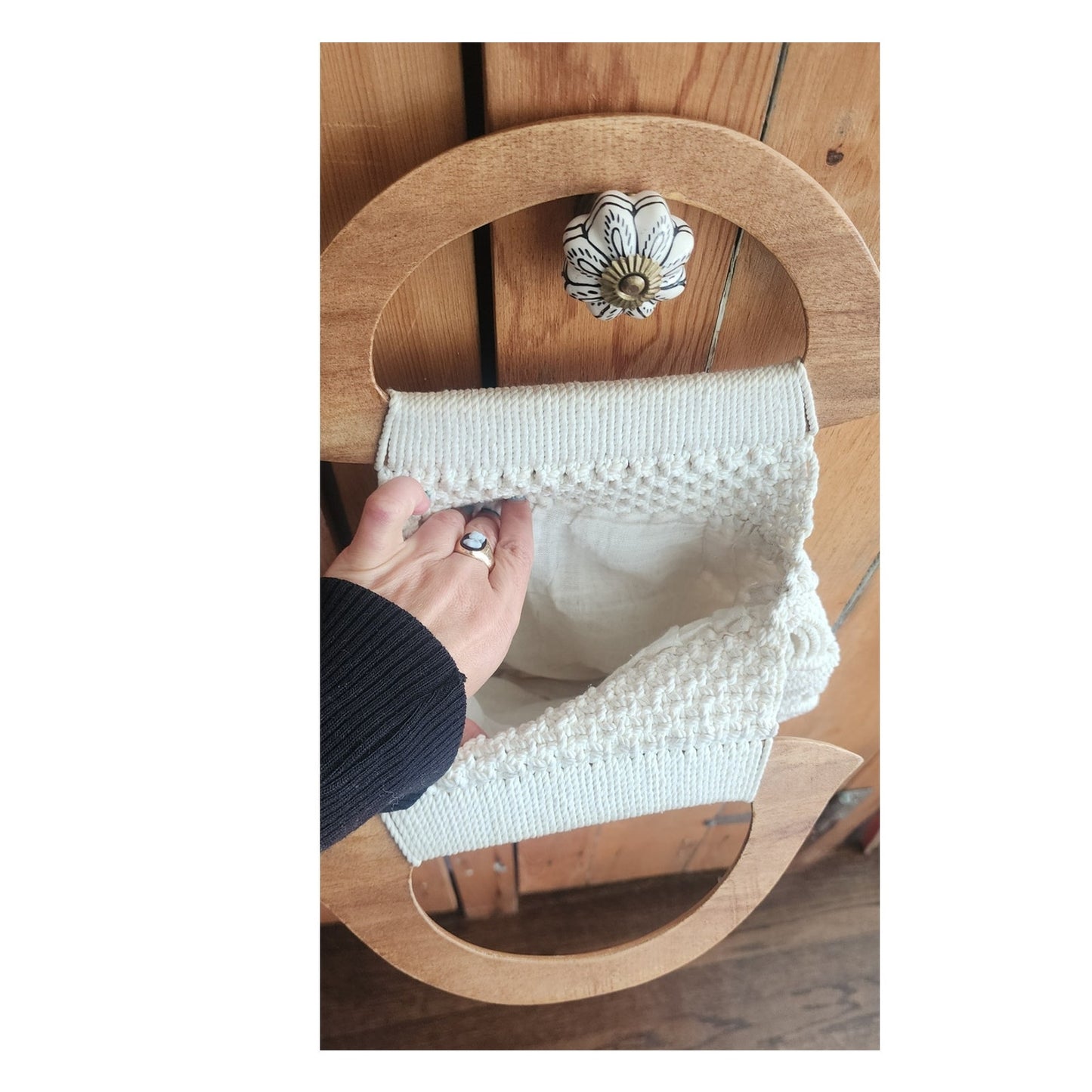 Vintage 70s Macrame Hand Bag Cream White Crochet Purse Wood Handle