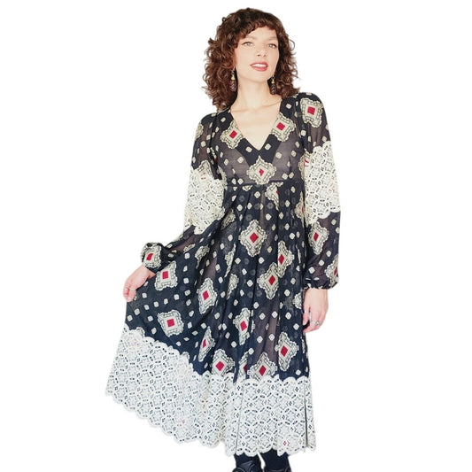 Vintage 1970s Thea Porter Dress Black Brocade Cotton & Lace Balloon Sleeves