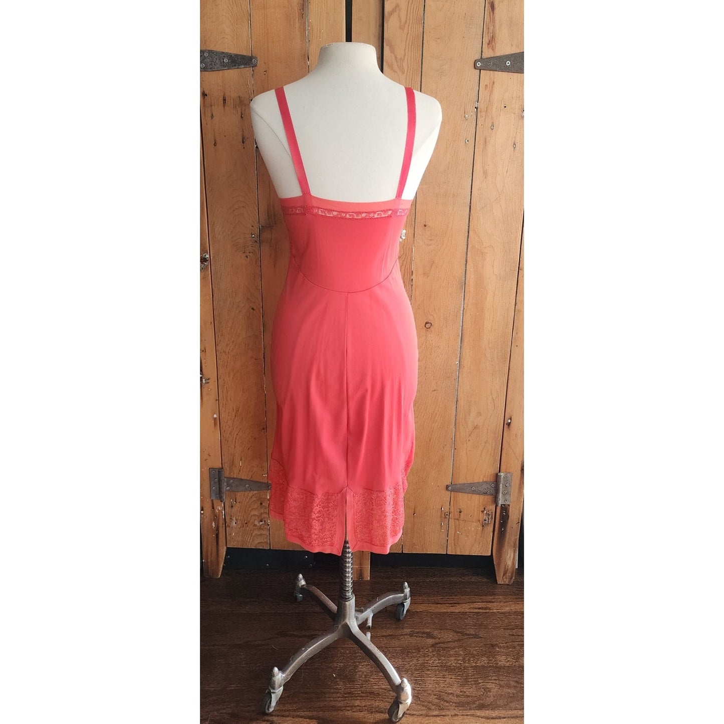 Vintage 50s Slip Dress Coral Orange Nylon & Lace Ssamprufe