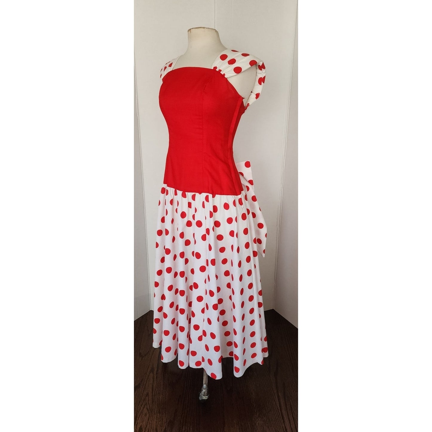 Vintage 80s Polka Dot Print Dress Red White Leslie Lucks