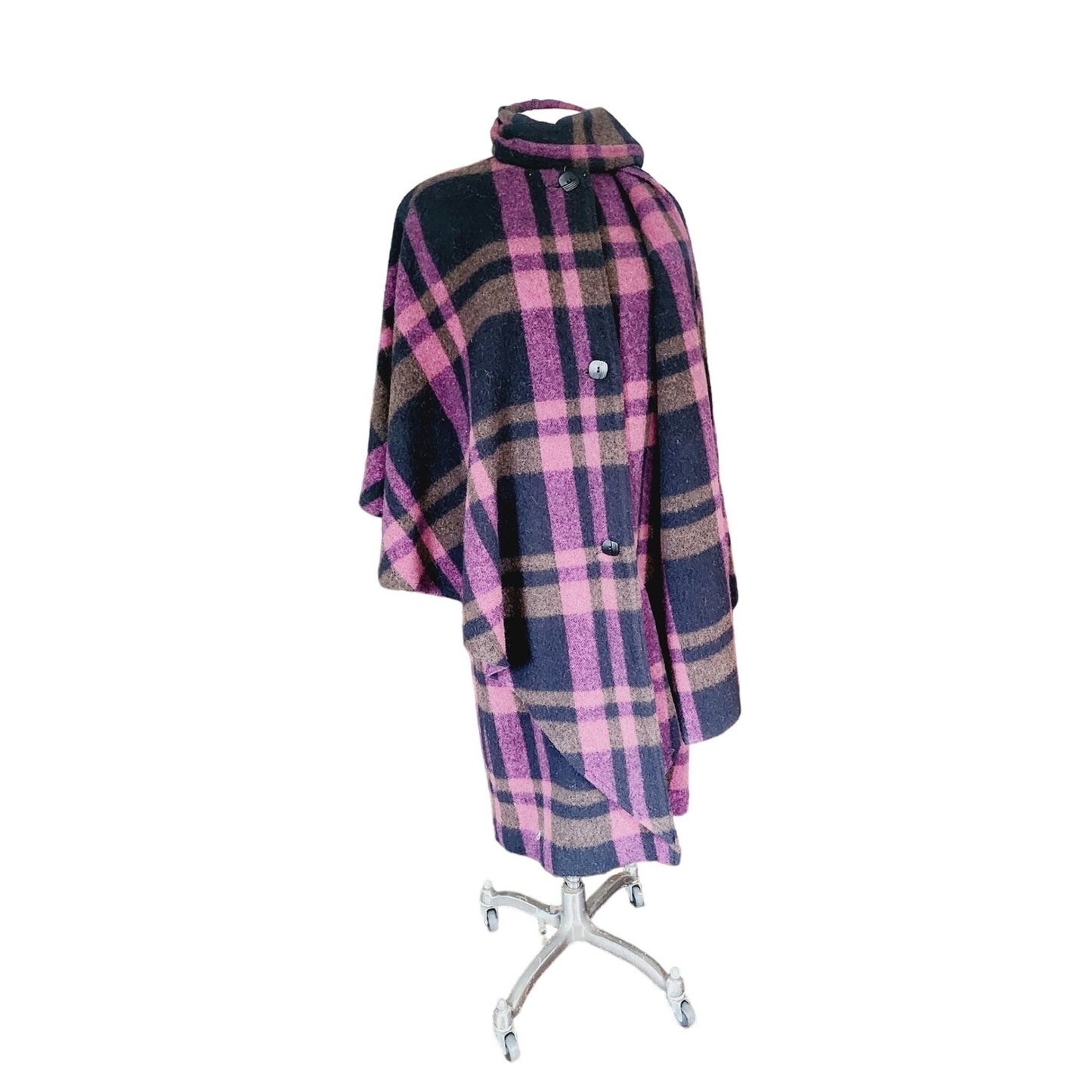 Vintage 90s Purple Wool Plaid Poncho Cloak Coat w/Scarf