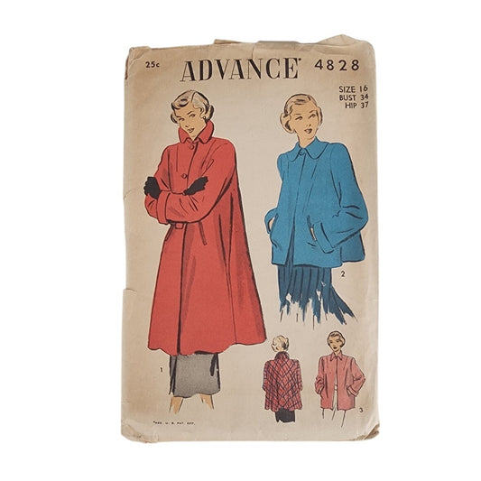 Vintage 1940s Sewing Pattern ORIGINAL Swing Coat & Swing Jacket Advance 4828 Bust34