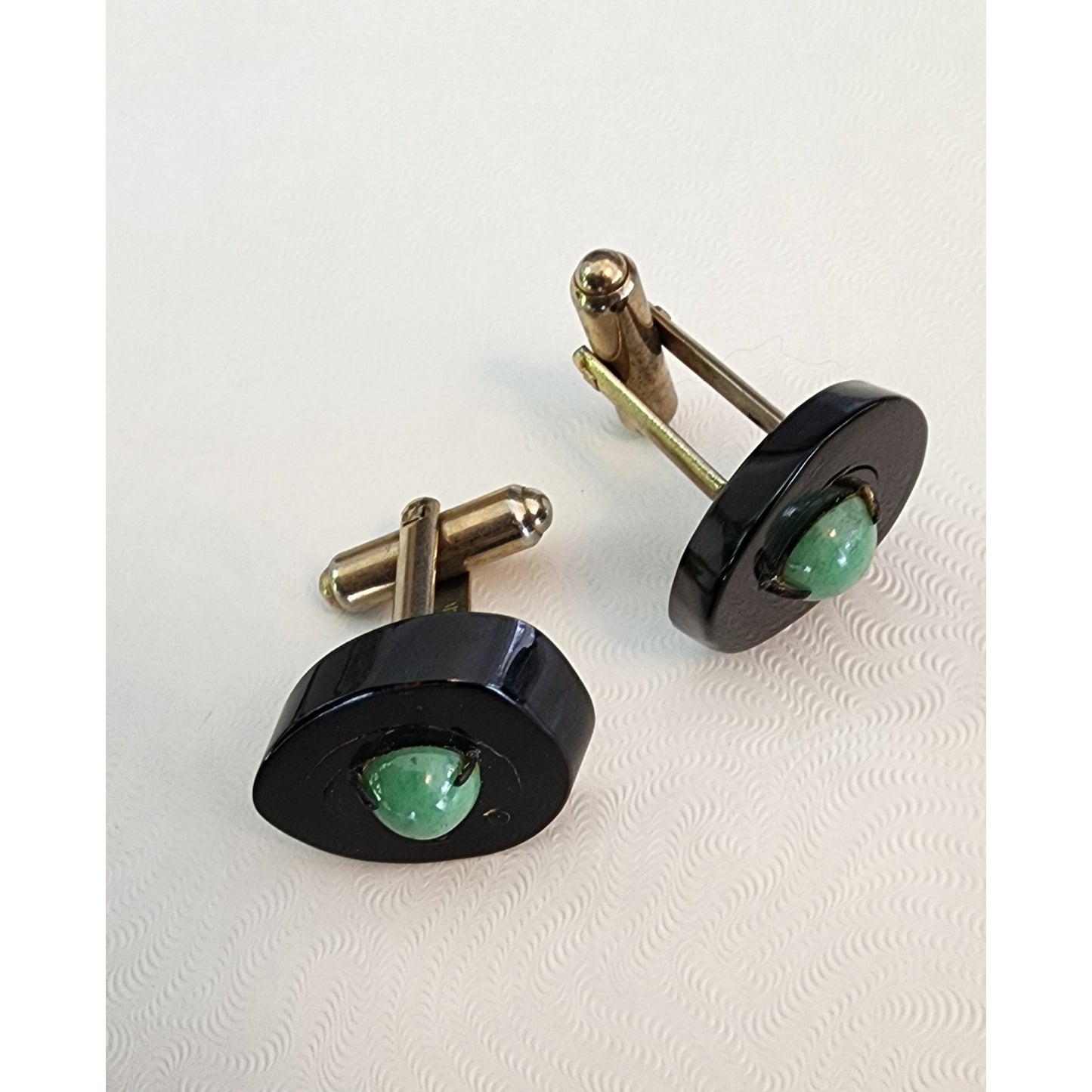Vintage 50s Cufflinks Hawaiian Black Coral Jade 12K Gold Filled