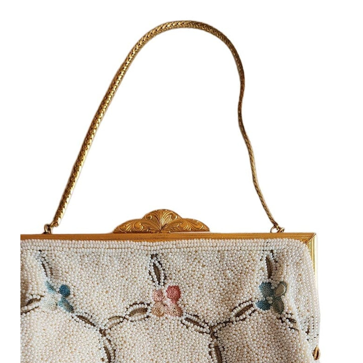 Vintage 50s Evening Bag White Beads Floral Embroidery Walborg