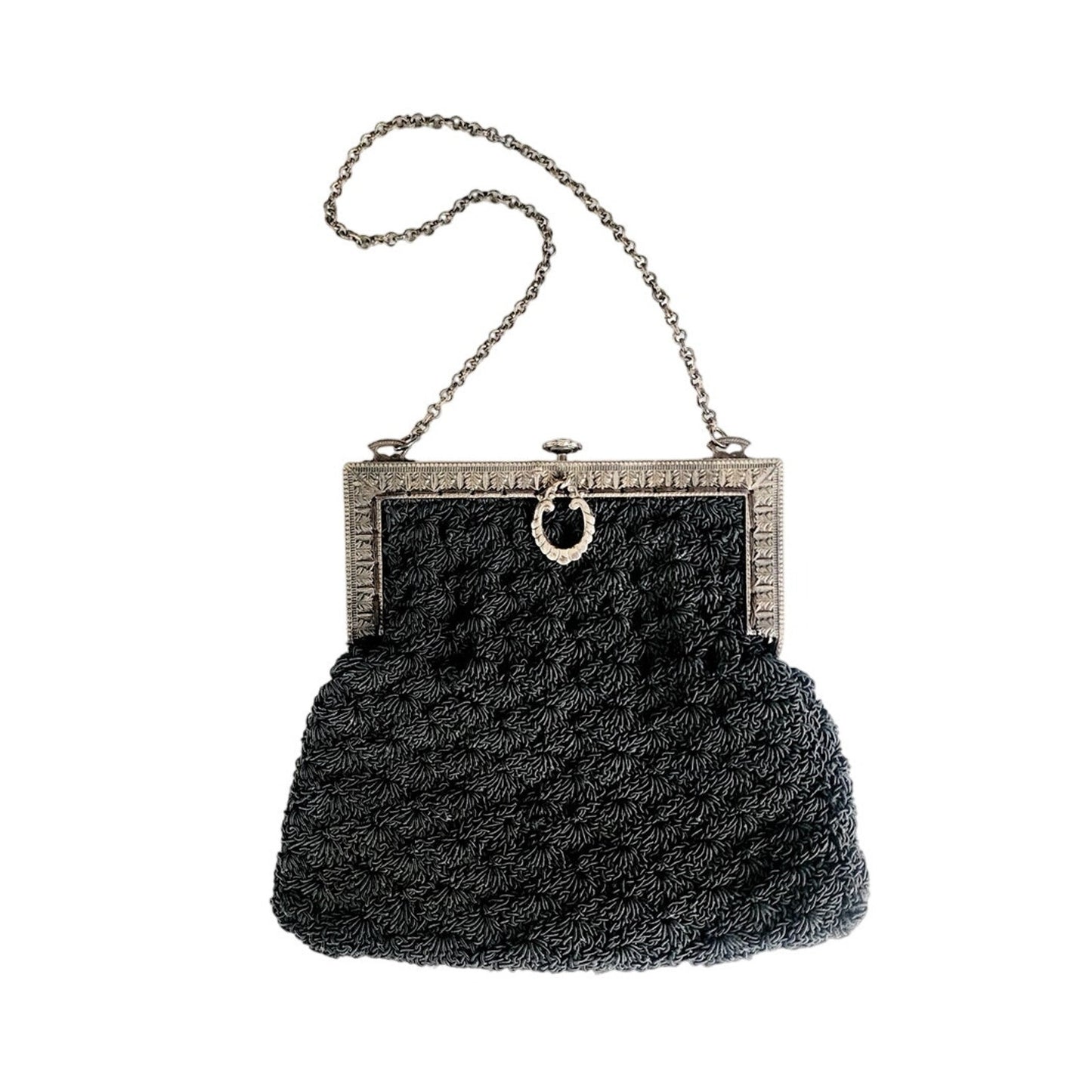 Antique Black Crochet Bag Silver Metal Etched Frame Edwardian 1910s Purse