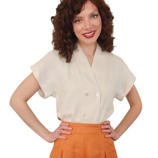 Vintage 90s Linen Blouse Short Sleeved Cream Linen / S
