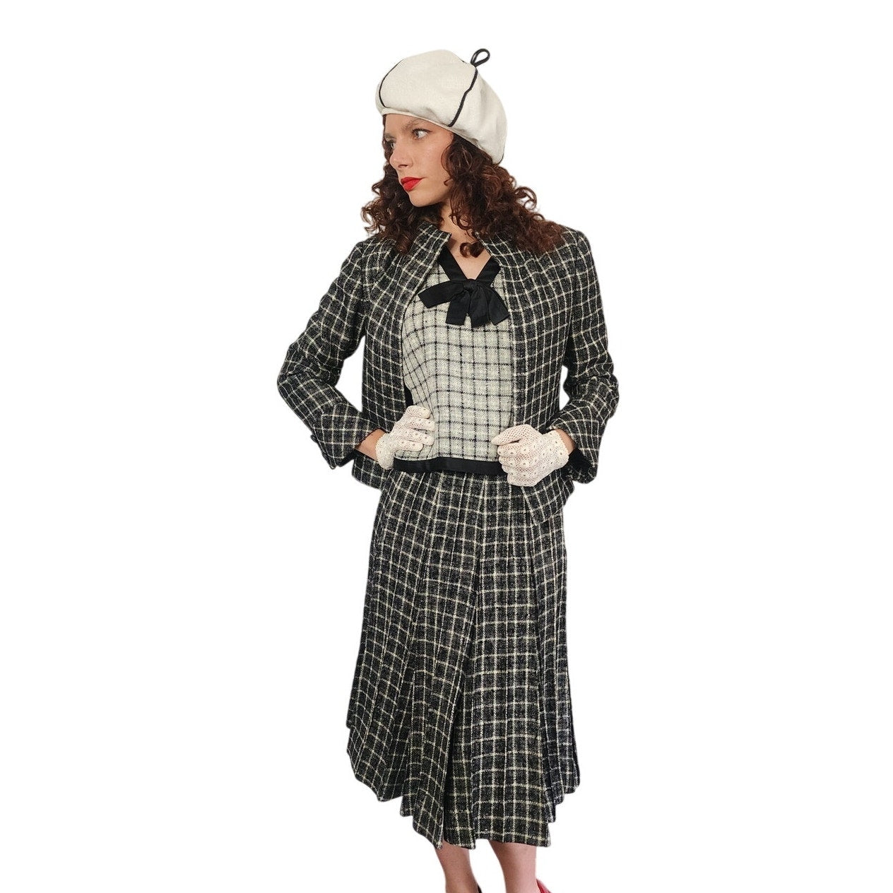 Vintage 1960s Christin Dior New York Suit Mod Three Piece Black White Check Wool