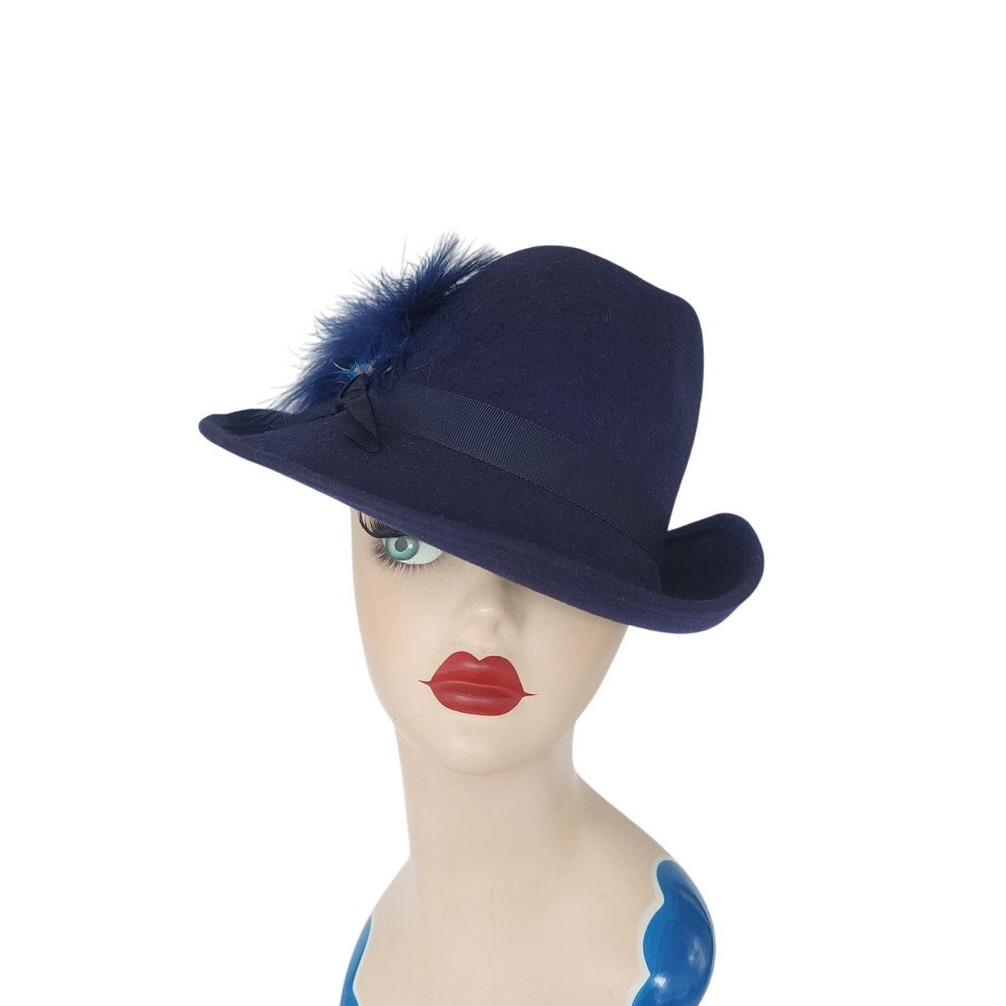 Vintage 1970s Ladies Fedora Blue Wool w/Feather Tally-Ho