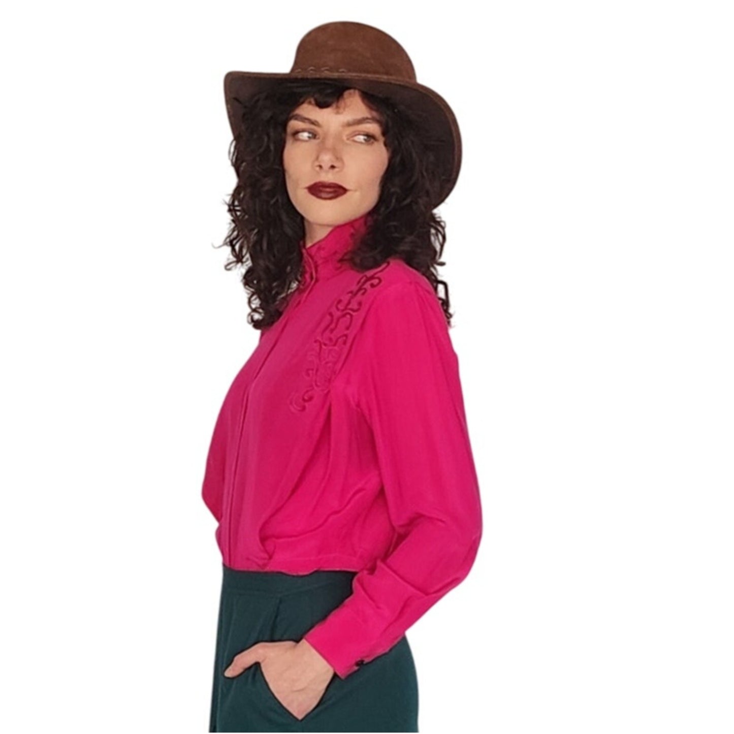 Vintage 80s Fuschia Pink Silk Blouse w/Embroidery Paul Alexander