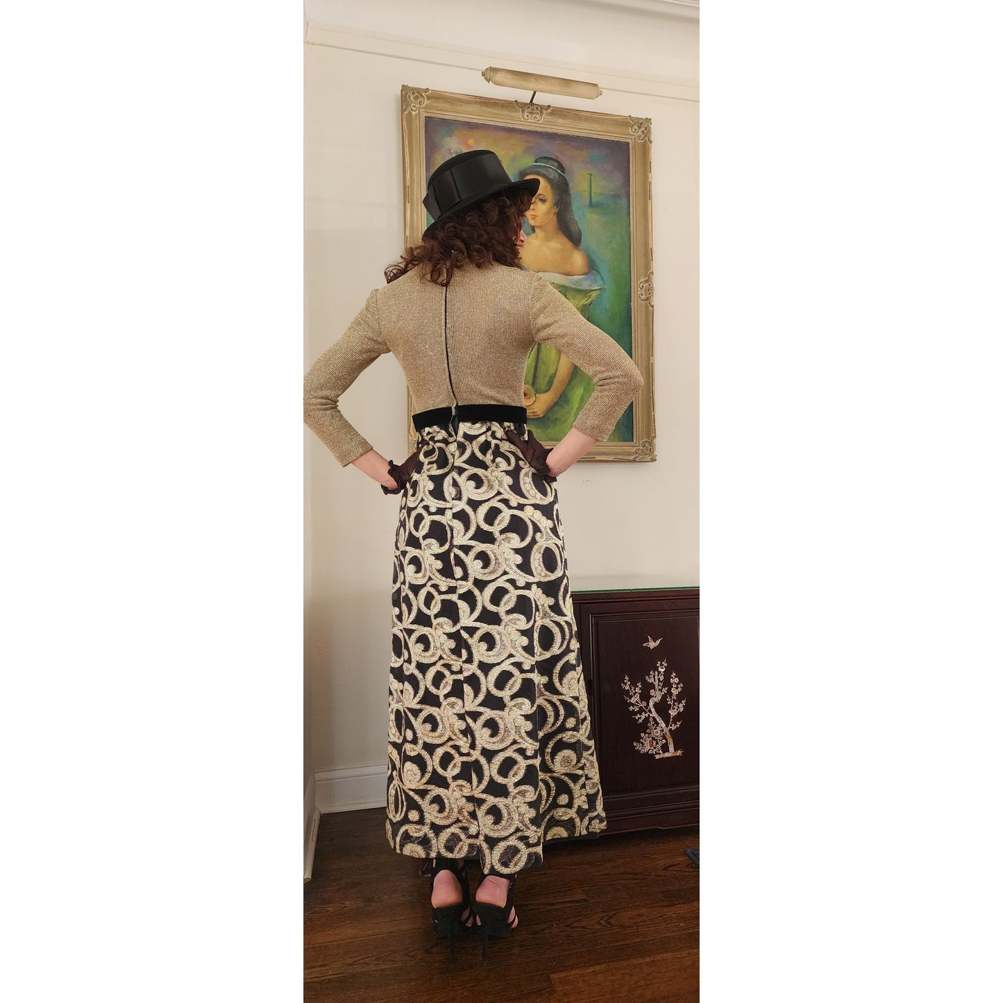 Vintage 1970s Gold & Black Maxi Dress Metallic Spiral Swirl / S