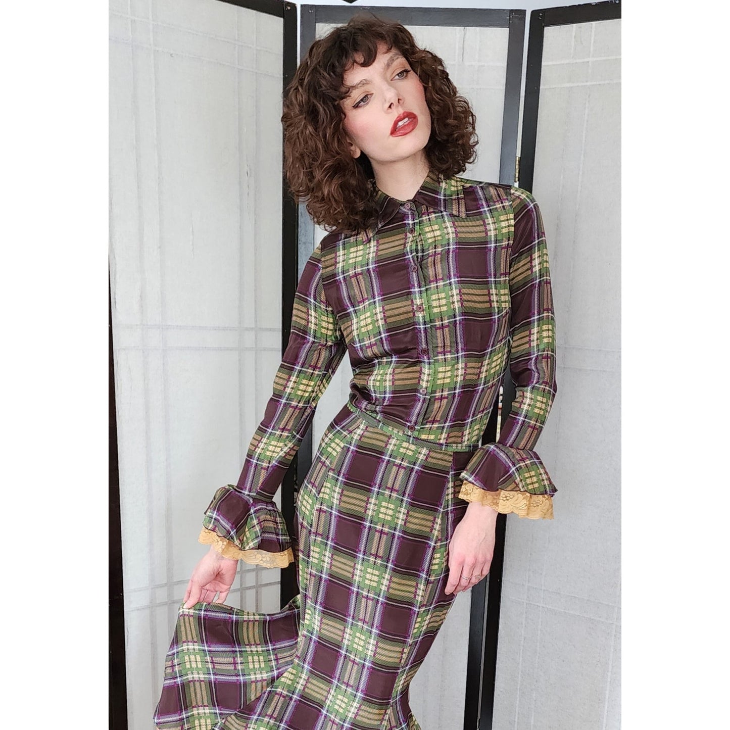 Vintage 90s Plaid Silk Skirt Suit Lace Trim Blouse Newport News