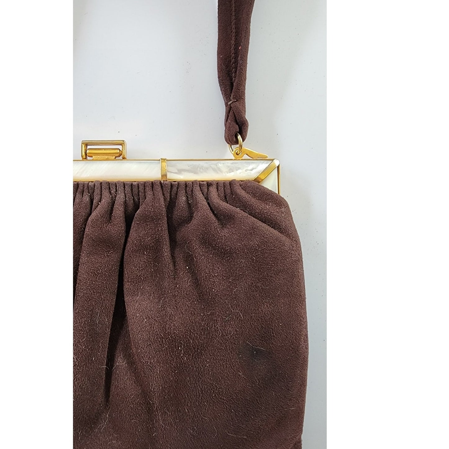 Vintage 1940s Brown Handbag Brushed Suede Mother of Pearl by Buechner