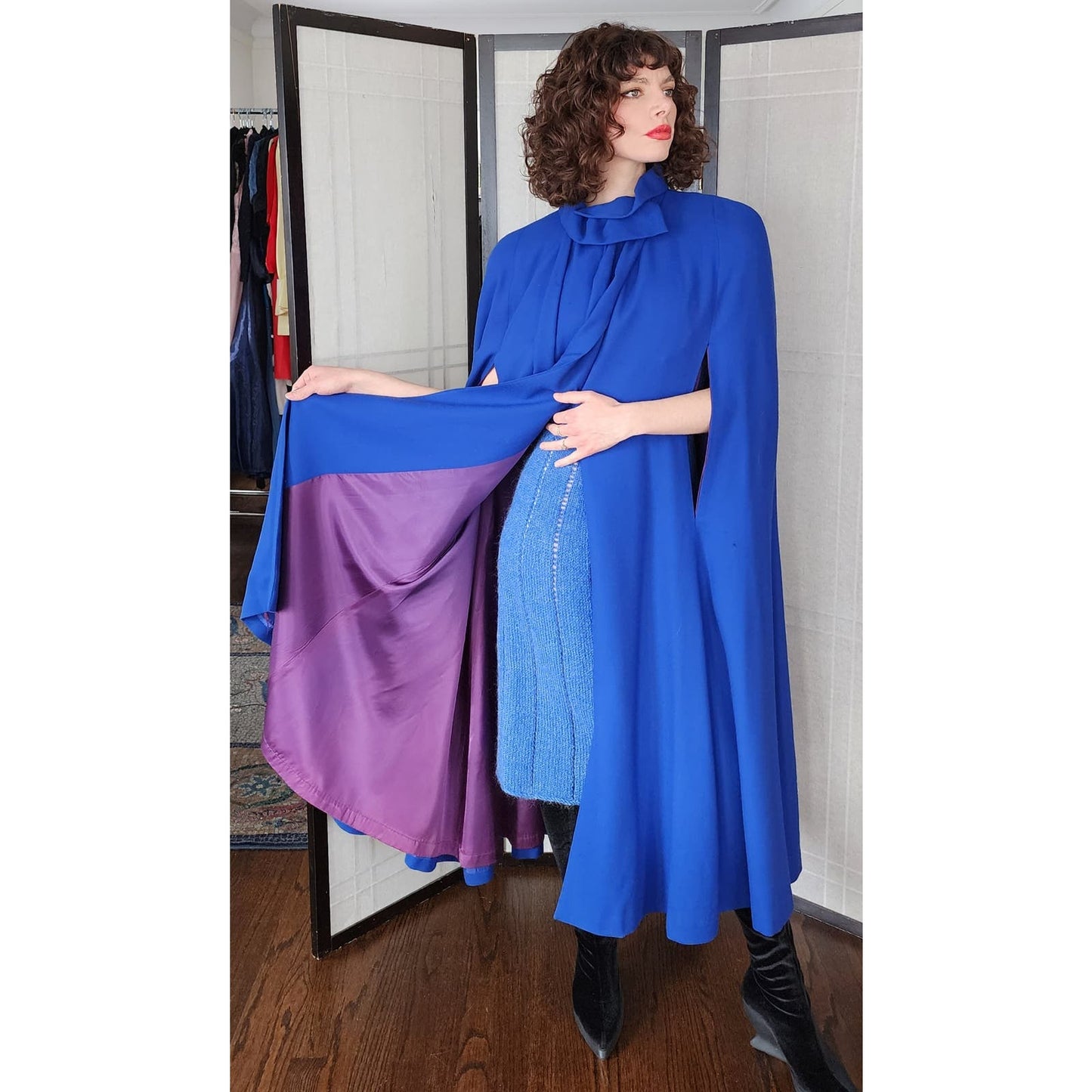 Vintage Blue Wool Cloak 80s Does 40s Large Shoulders