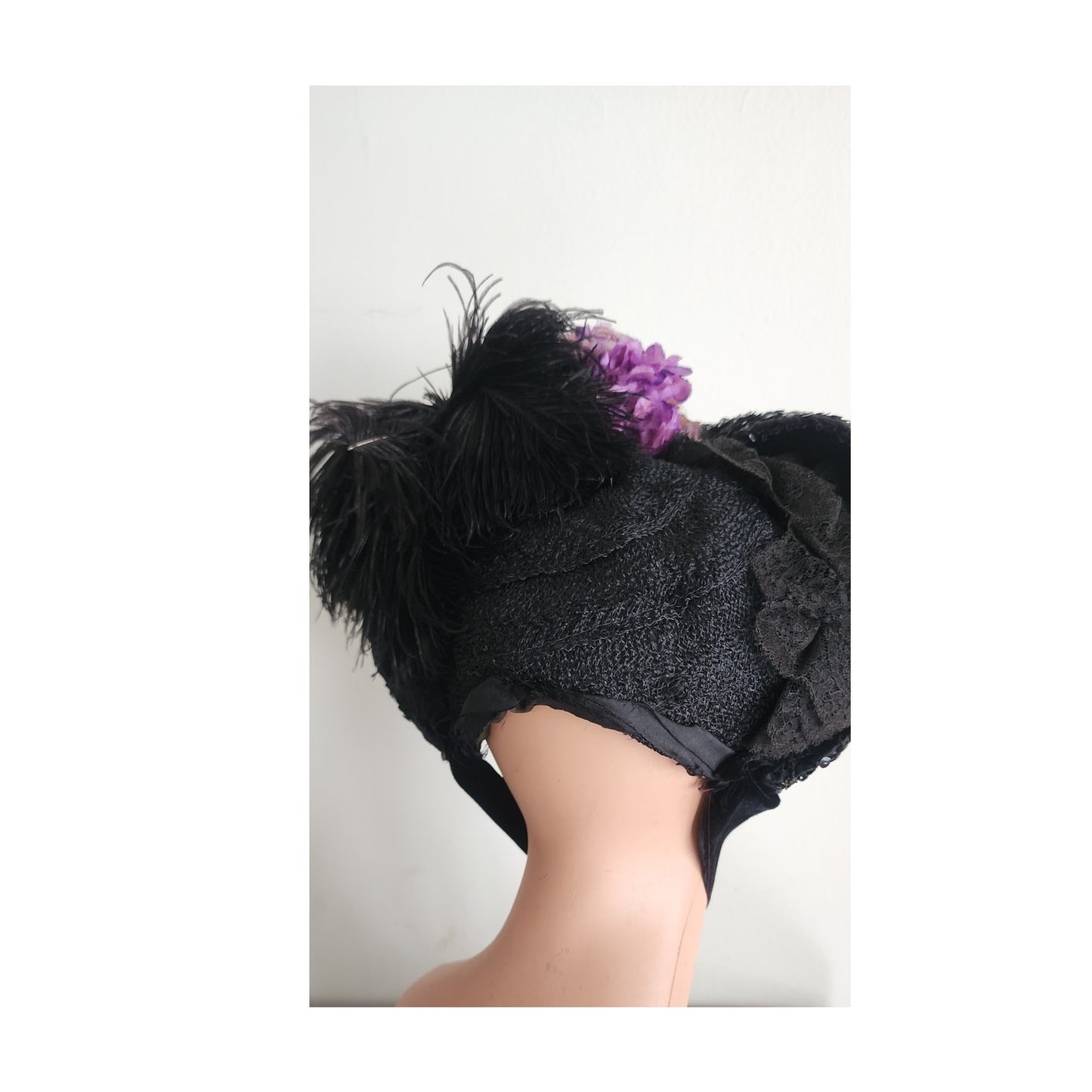 Antique Victorian Black Bonnet Hat Feathers Sequins Lace & Purple Flowers