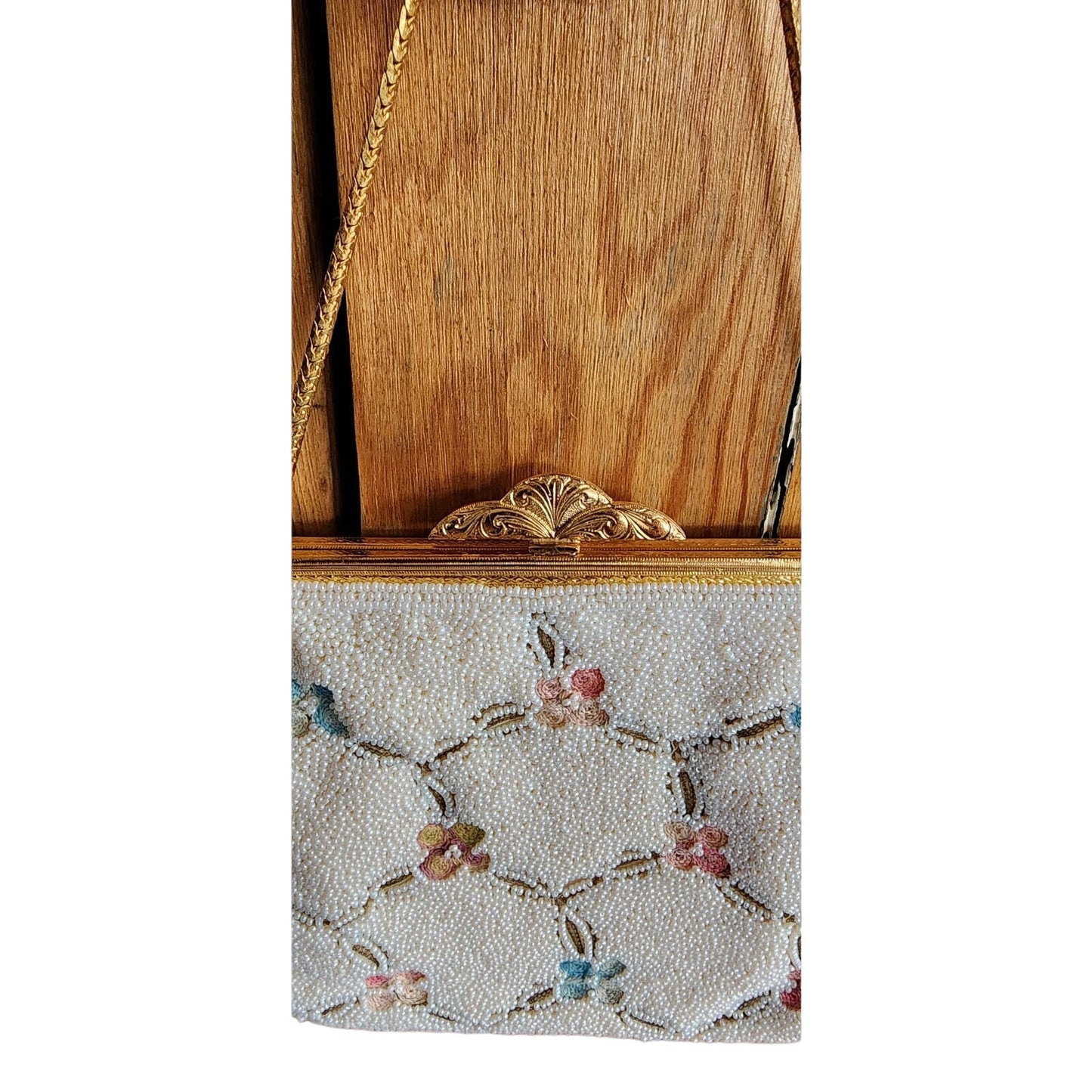 Vintage 50s Evening Bag White Beads Floral Embroidery Walborg
