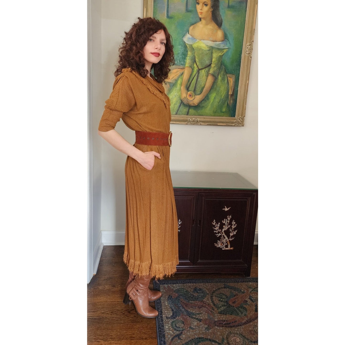 Vintage 1980s Brown Dress Fringed Cowl Collar Mad Max Distopia Positive Attitude