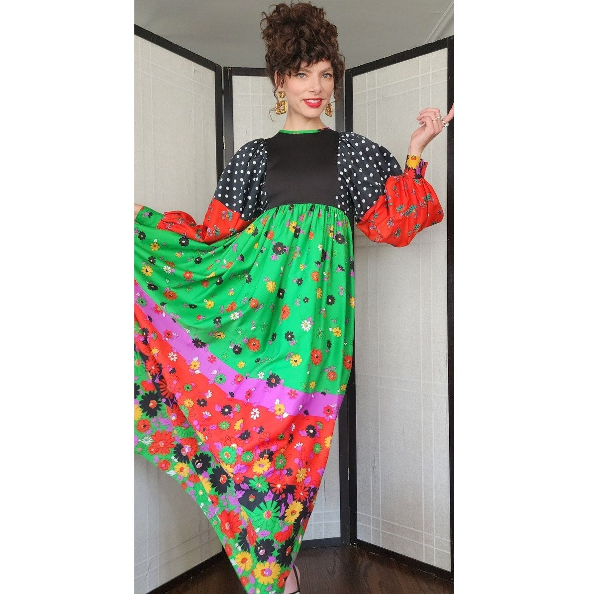 Vintage 70s Maxi Dress Balloon Sleeve Mixed Floral Print Print Hippie Boho by Youth Guil