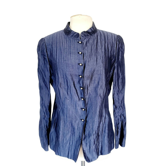 Vintage 2000s Armani Blazer Crinkled Metallic Blue Jacket Size 16