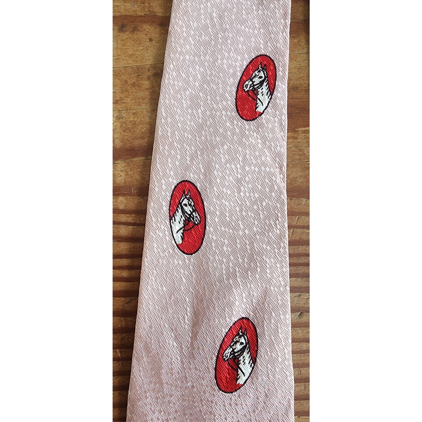 Vintage 30s Mens Necktie Pink Red Horses Equestrian Short Length
