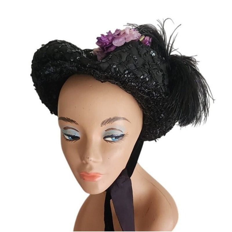 Antique Victorian Black Bonnet Hat Feathers Sequins Lace & Purple Flowers