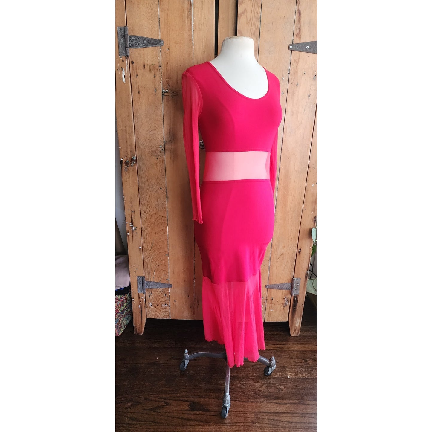 Vintage 90s Red Party Dress Long Bodycon Sheer Panels / Halla / S