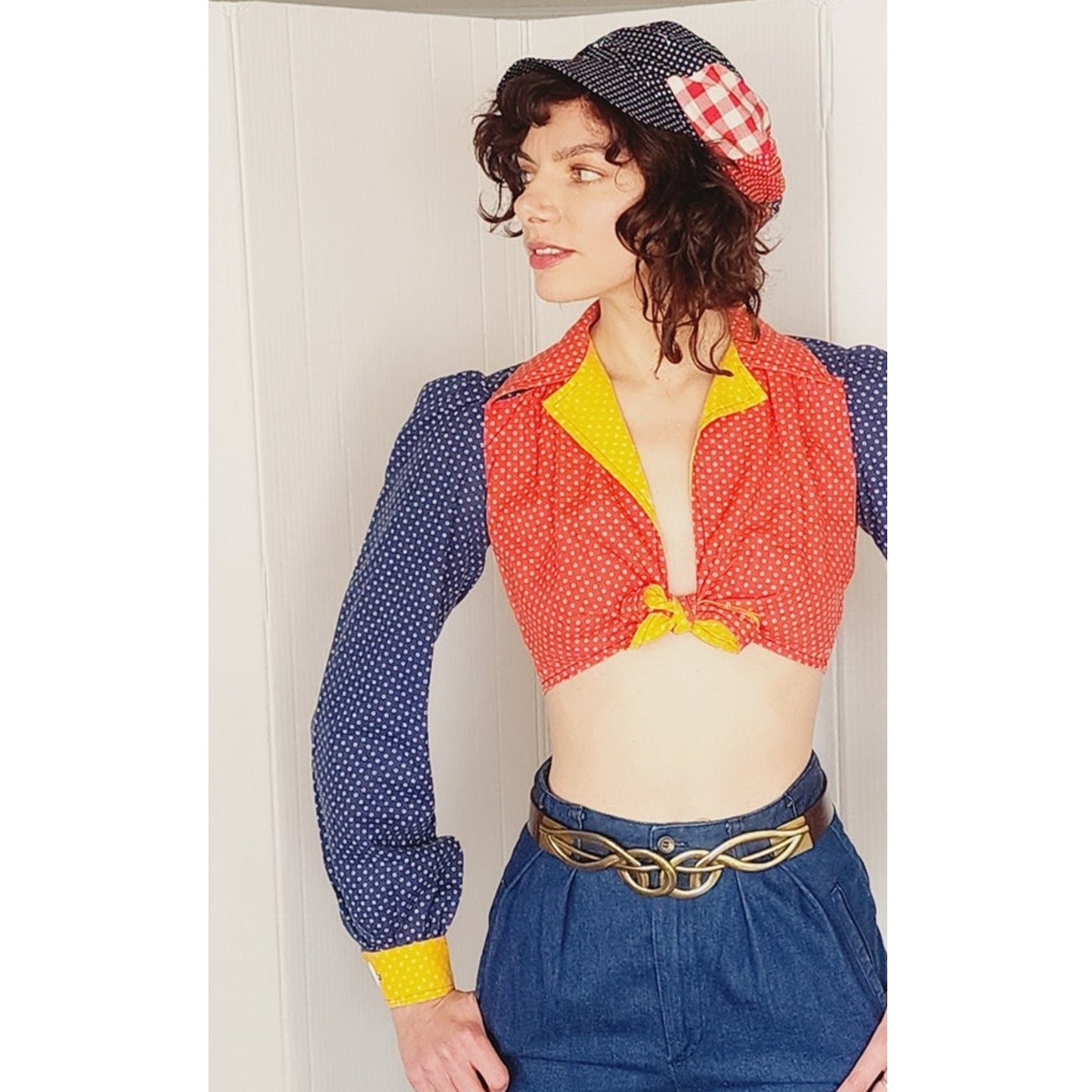 Vintage 70s Crop Top Tie Front Gingham Colorblock Hippie Boho Sweet Baby Jane