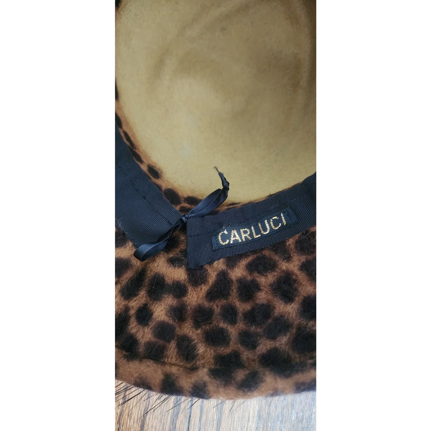 Vintage Y2K Carluci Millinery Animal Print Hat Wide Brimmed w/Bow & Feathers