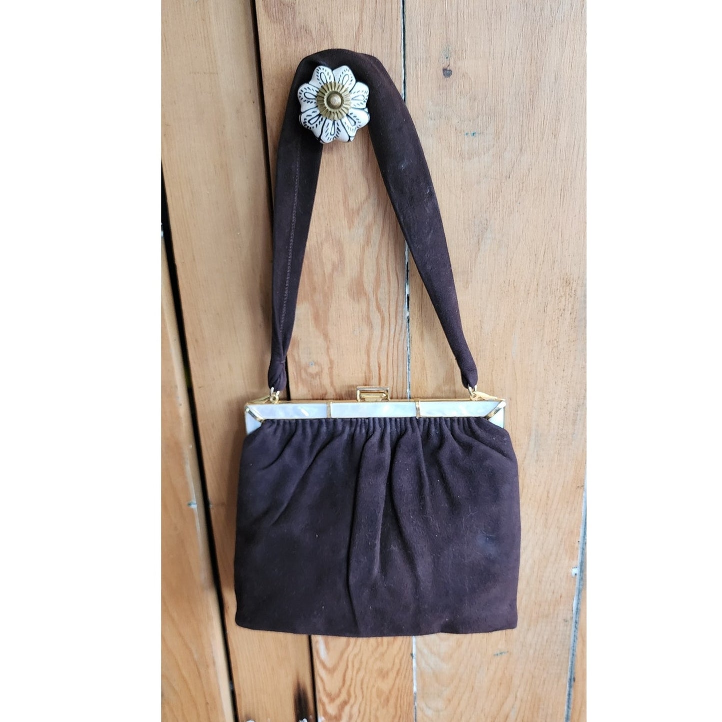 1940s Brown Bag by Buchner in Brushed Suede & Mother of Pearl
