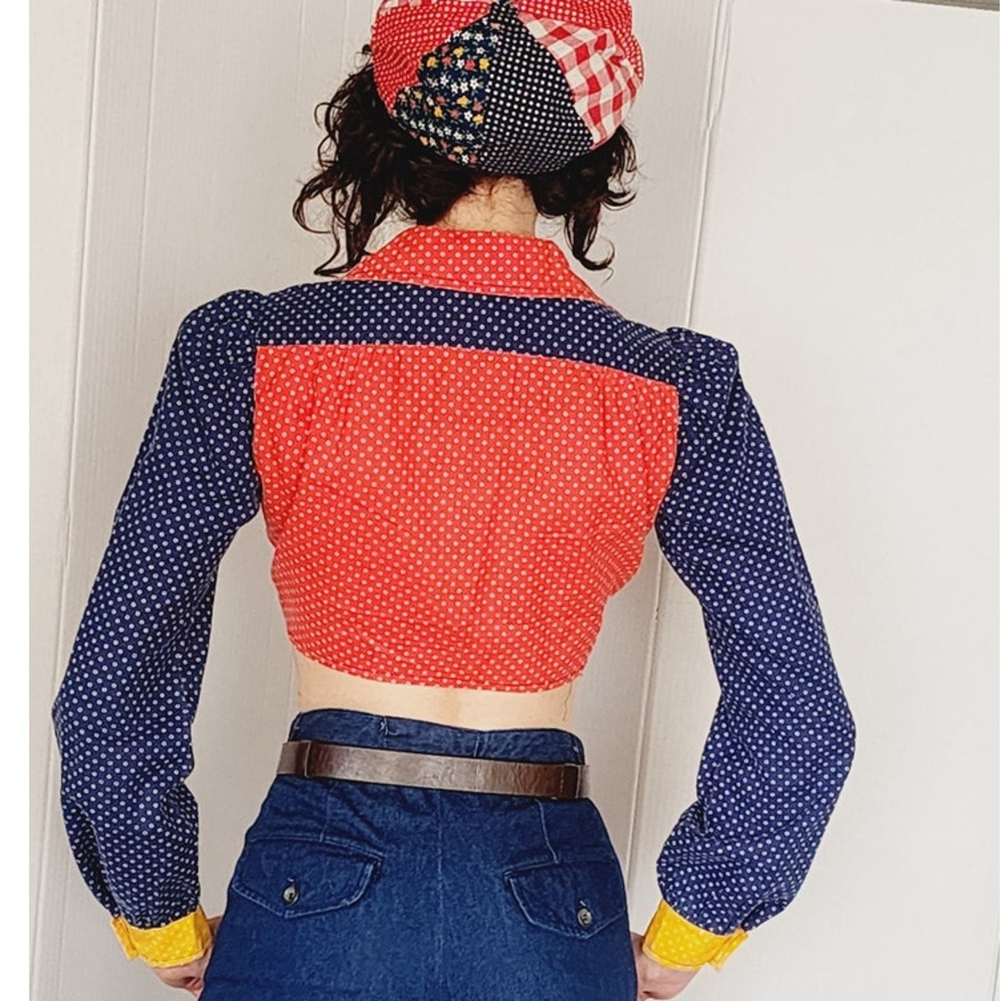 Vintage 70s Crop Top Tie Front Gingham Colorblock Hippie Boho Sweet Baby Jane