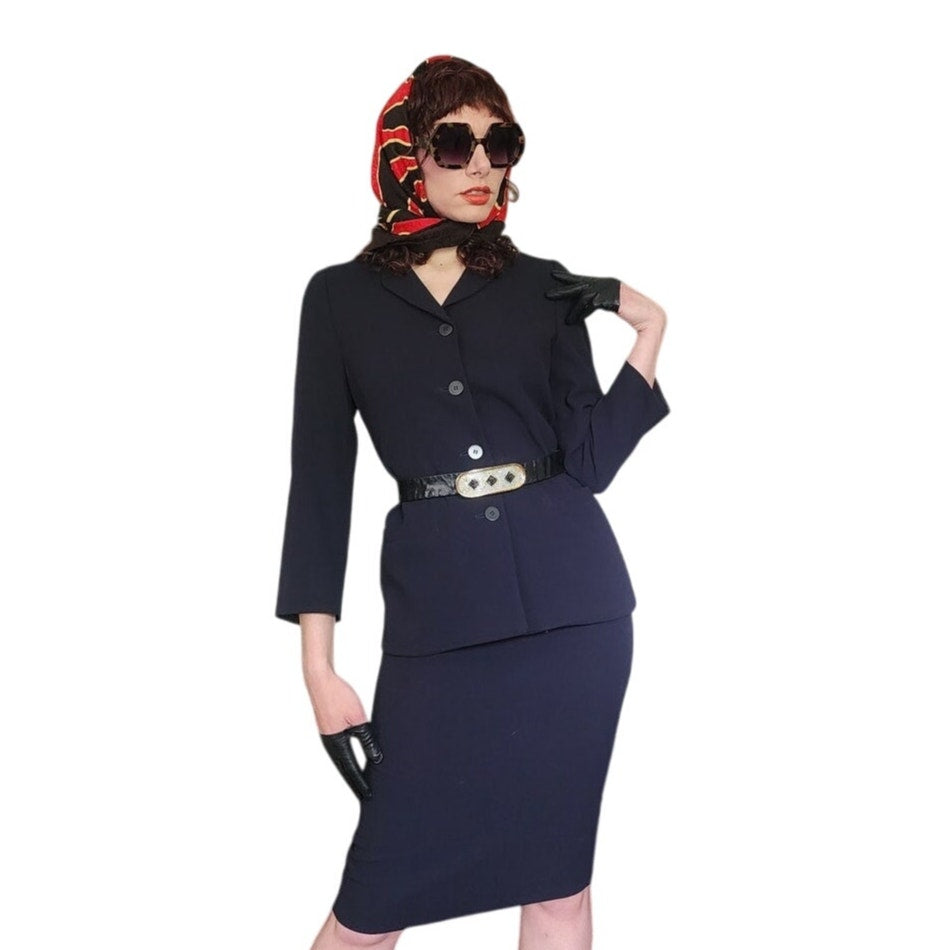 Vintage 90s Armani Skirt Suit Black or Dark Navy Blue Wool / S