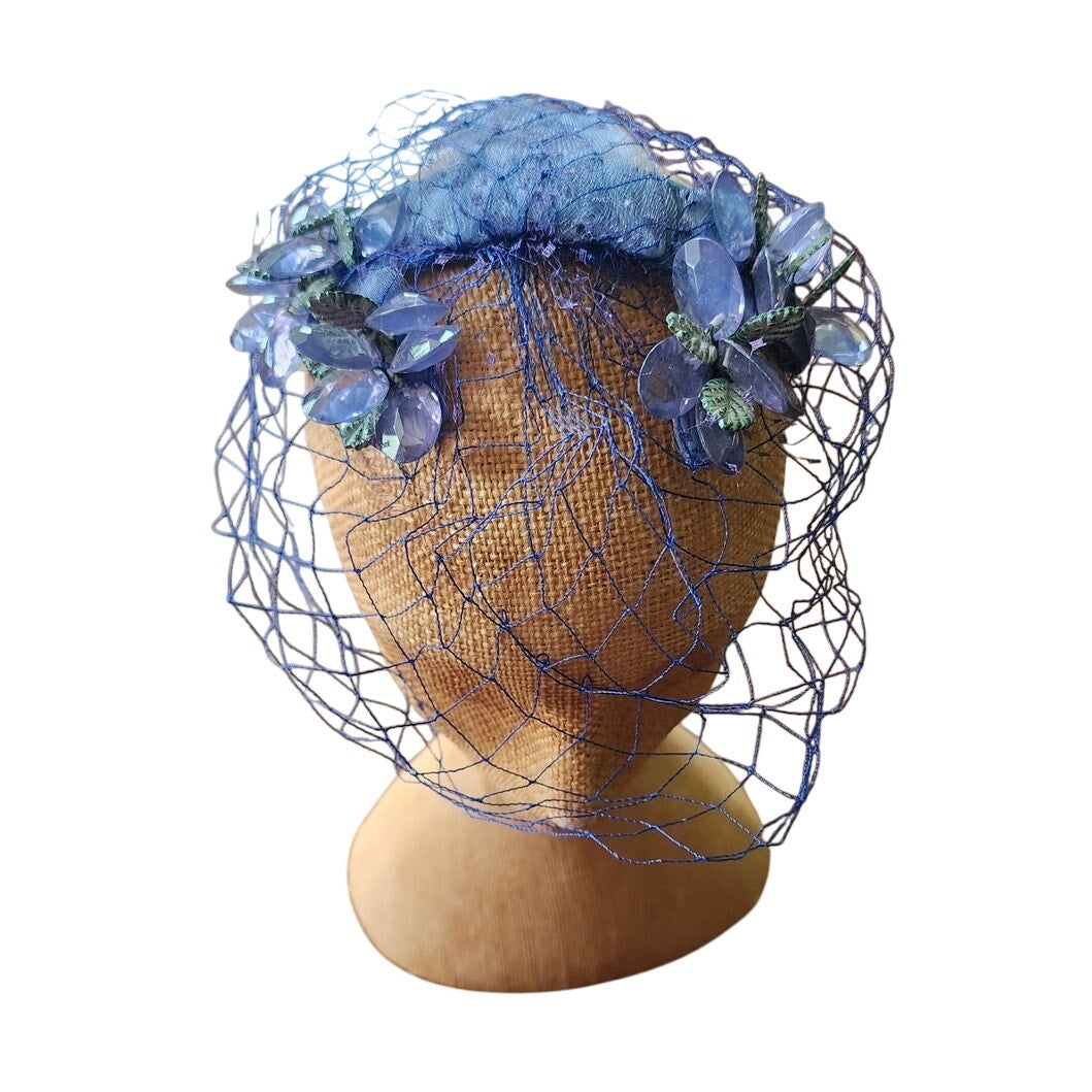 Vintage 50s Bes-Ben Hat Blue Crystal Floral Crown Fascinator w/Veil