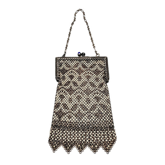 Antique Evening Bag Beaded Mesh Silver Beige 1910s Art Nouveau Mandalian Co