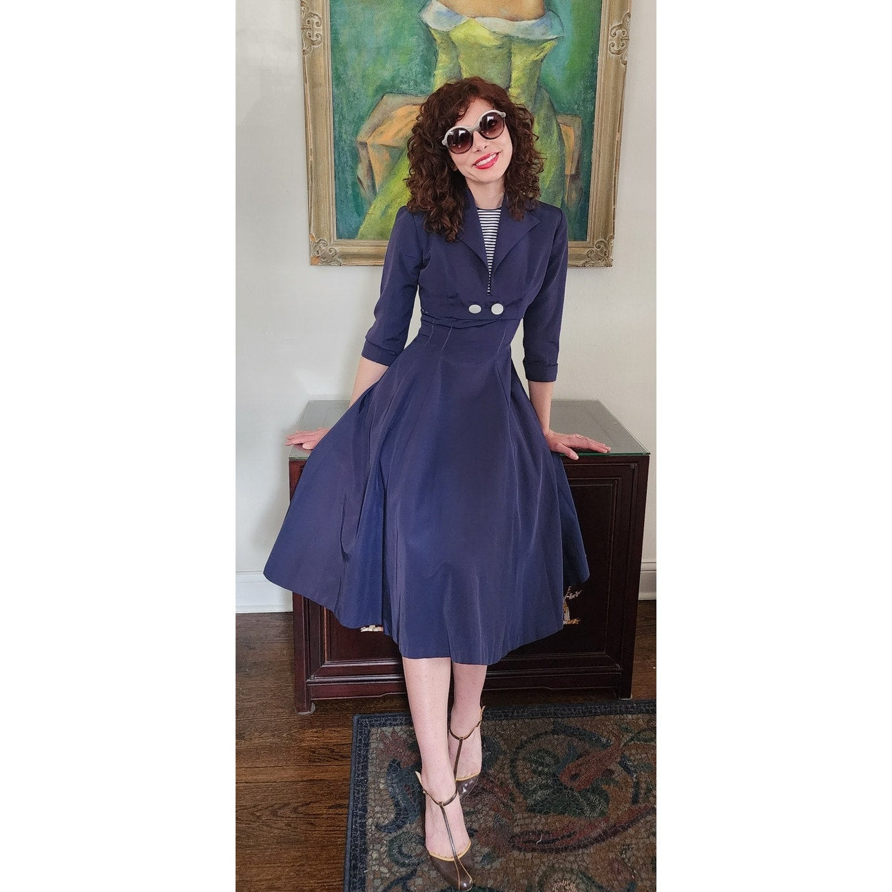 Vintage 50s Blue Dress Suit Nautical Stripe Cropped Jacket Jerell Jr