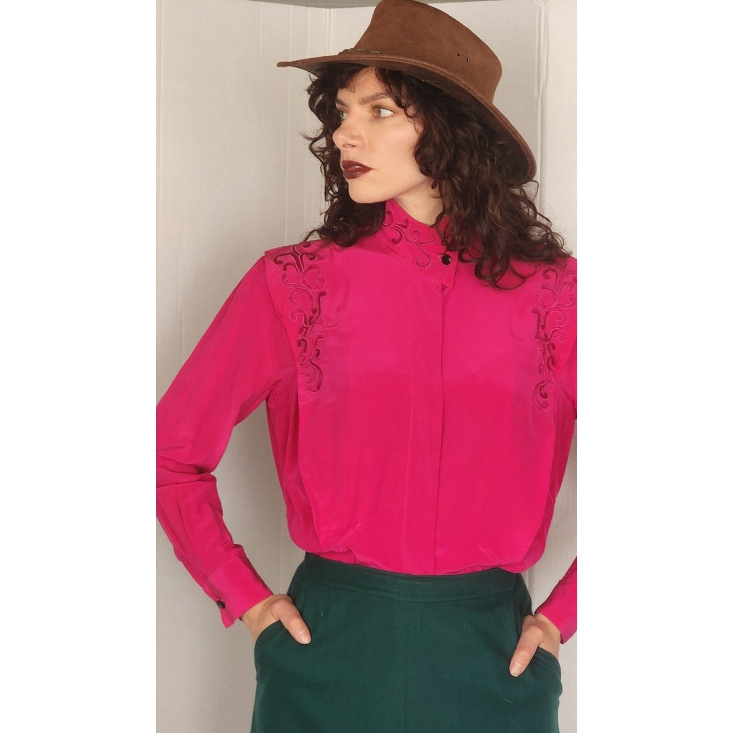 Vintage 80s Fuschia Pink Silk Blouse w/Embroidery Paul Alexander
