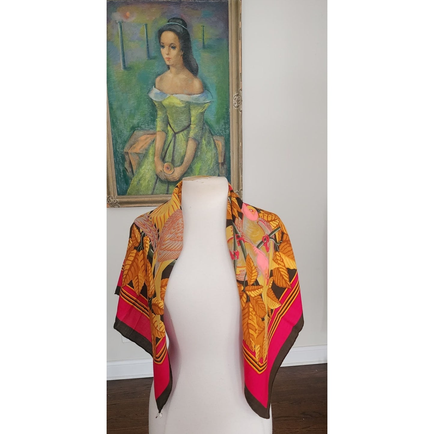 Vintage HERMÈS Scarf Les Perroquets Cashmere Silk Pink Navy Gold Carre Foulard Joachim Metz 1984