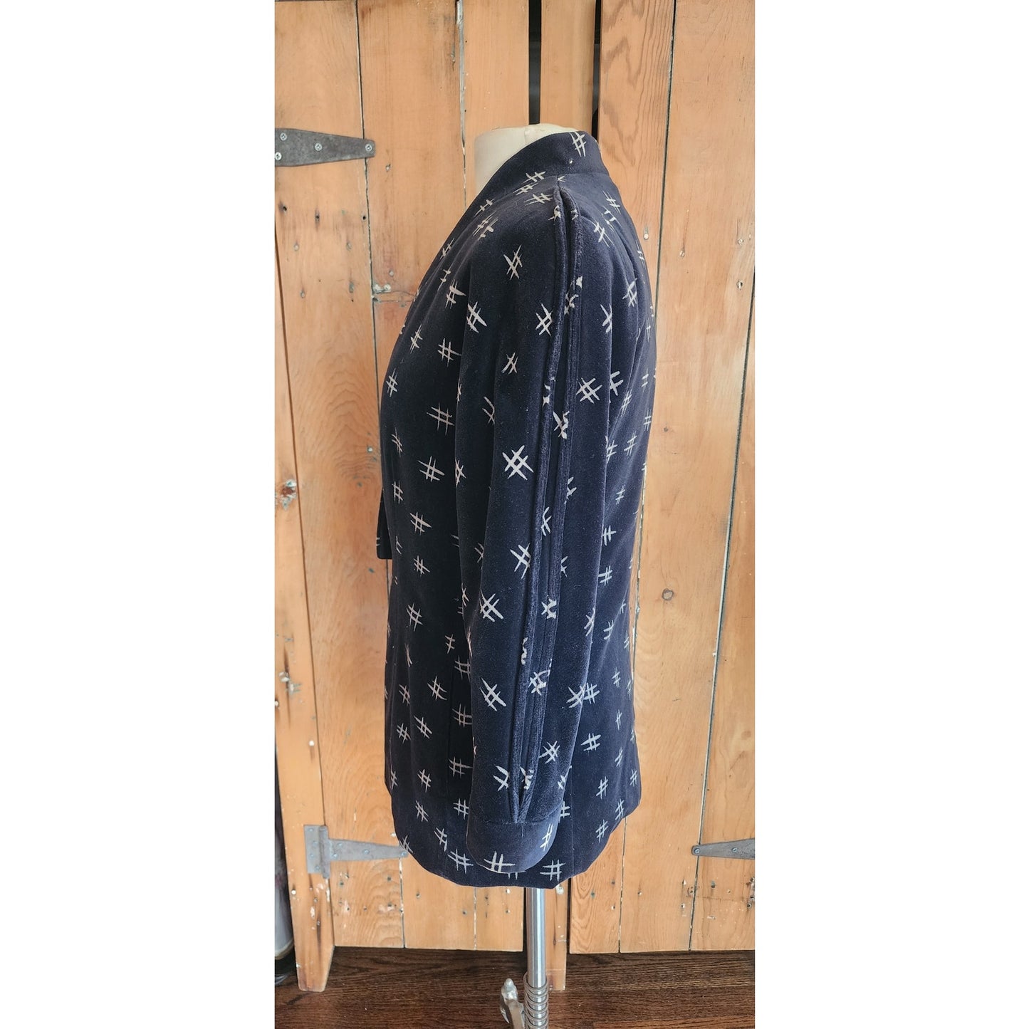 Vintage 80s Armani Blazer Womens Black Velvet Jacket w/ Cream Print / S