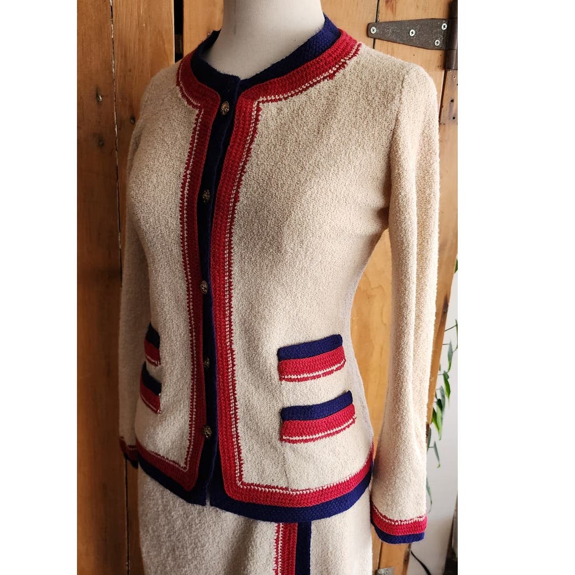 Vintage 60s Adolfo Skirt Suit Cream Blue Red Knit in Chanel Style