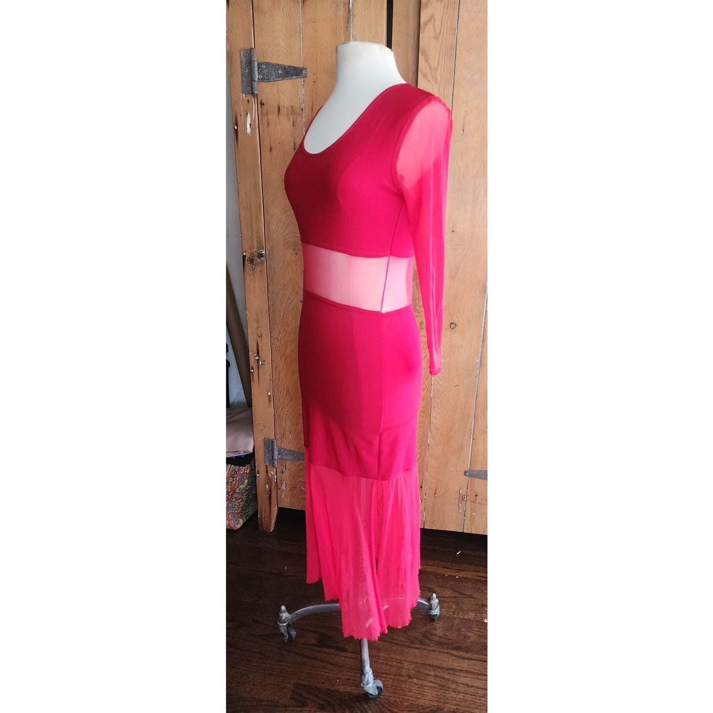 Vintage 90s Red Party Dress Long Bodycon Sheer Panels / Halla / S