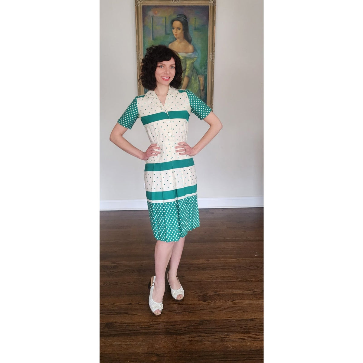 Vintage 1950s Nelly Don Dress Green Polka Dot White Cotton Hope Reed Short Sleeve