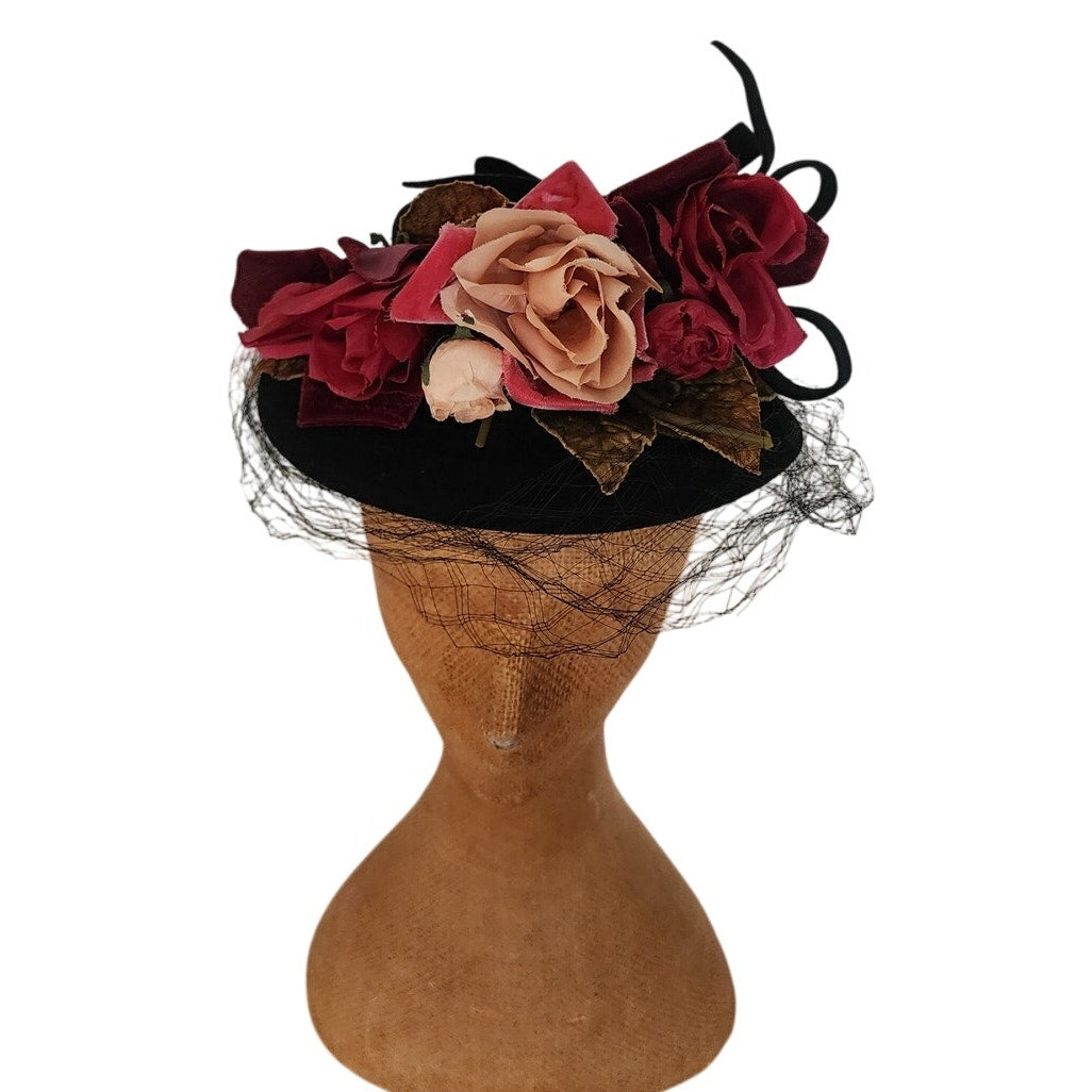 Vintage 1940s Flower Hat Black Wool Silk Floral Marshall Fields New York Creations