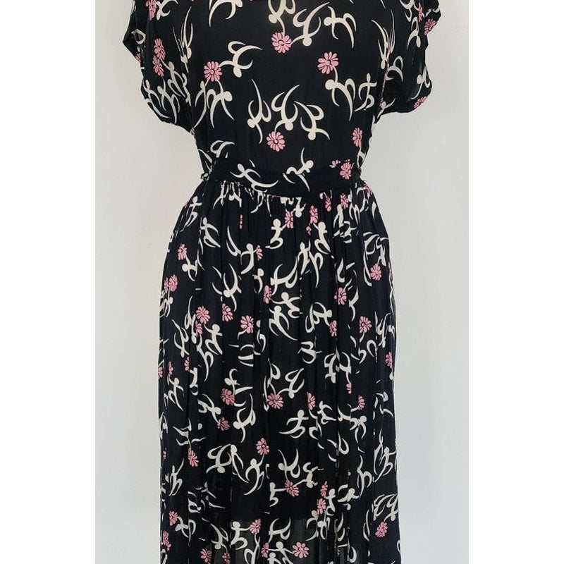Vintage 1930s Rayon Print Maternity Dress Adjustable Tie Sash Dark Floral Print
