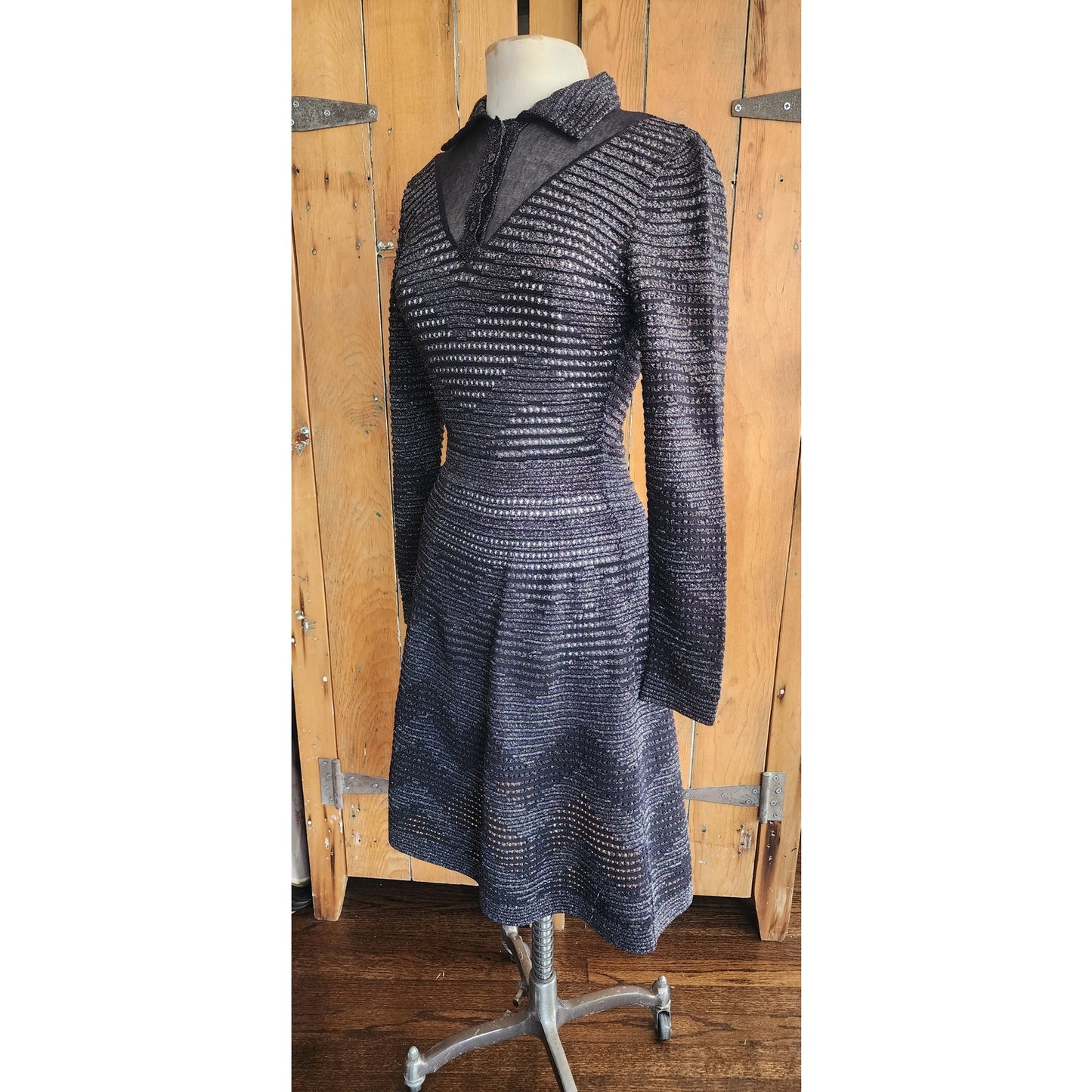 Vintage MISSONI Knit Dress Metallic Black Midi Length Stretchy / S-M