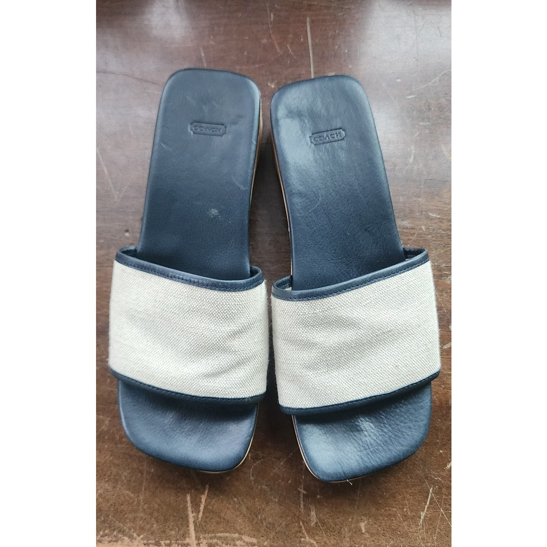 COACH Mules Canvas & Wood Block Heel Slides Sandals 7