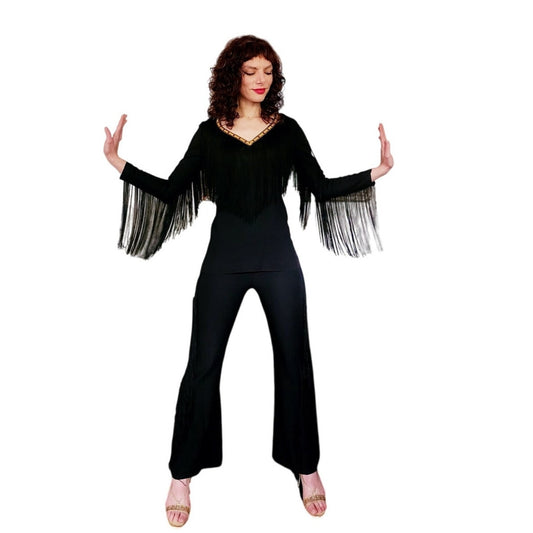 Vintage 70s Fringed Pant Suit Black w/Gold Embroidery by Climax / S