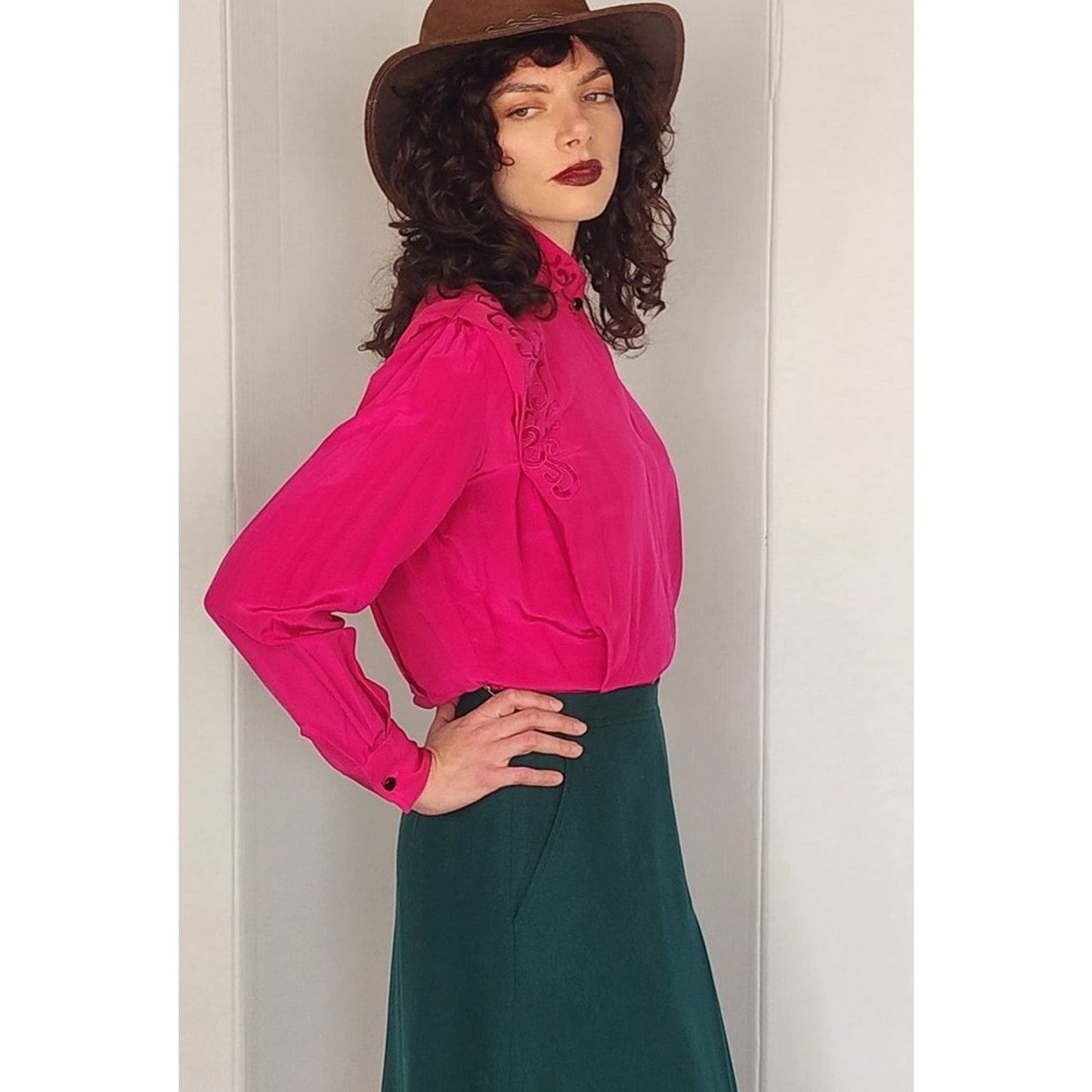 Vintage 80s Fuschia Pink Silk Blouse w/Embroidery Paul Alexander