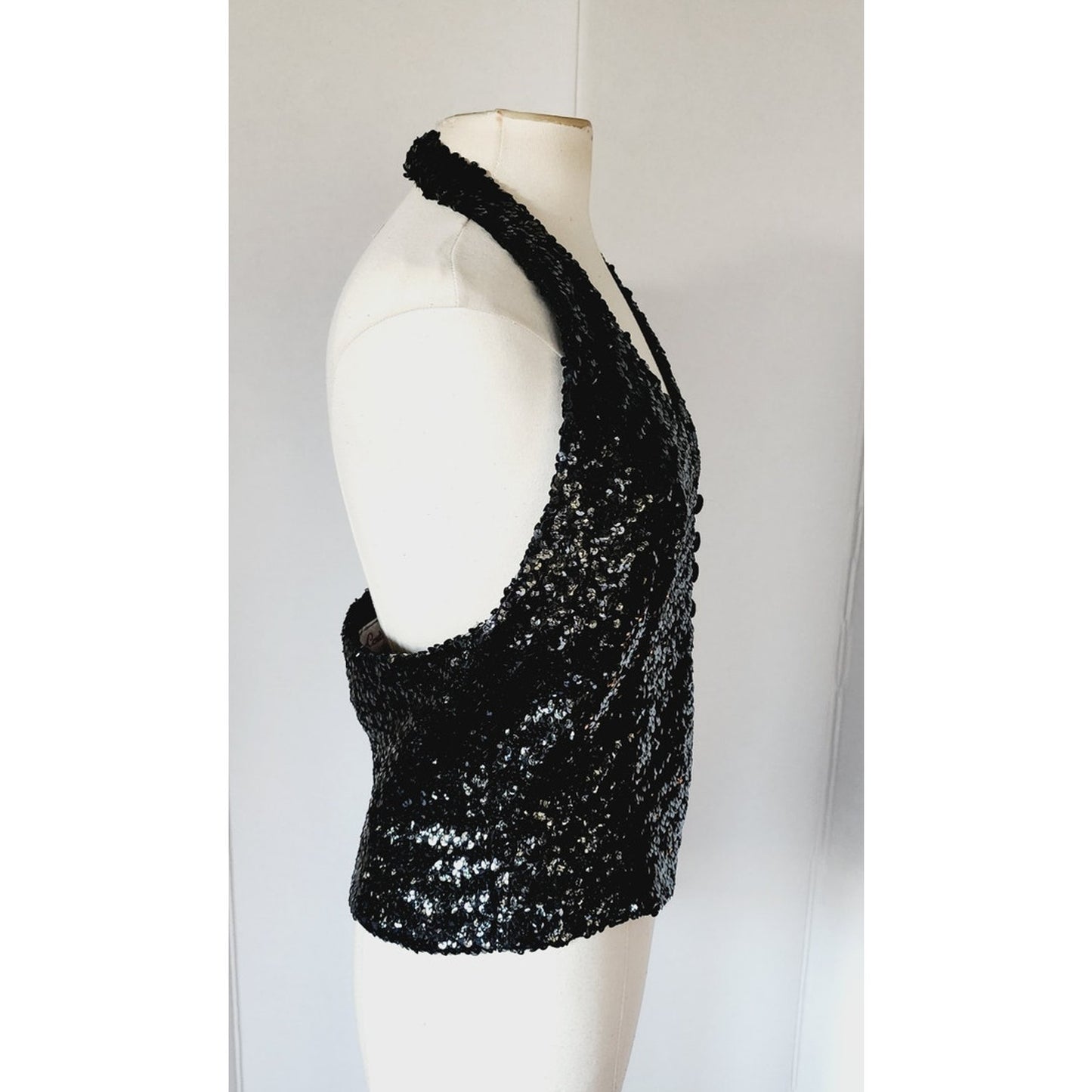Vintage 70s 80s Halter Top Vest Black Sequins