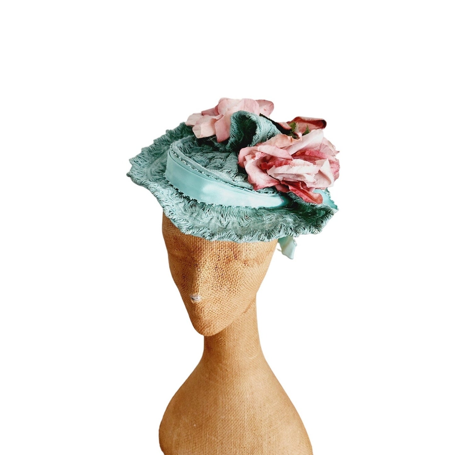 Vintage 30s Blue Pink Hat in Straw & Silk by Milgrim