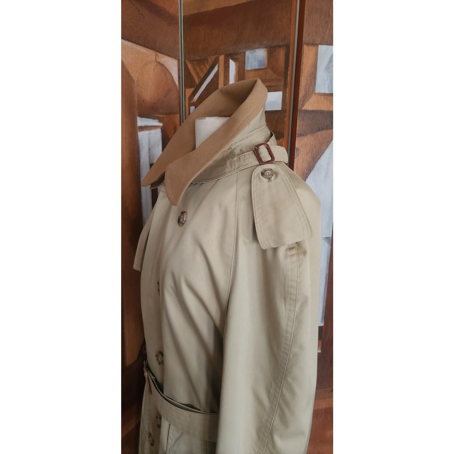 Vintage 80s Lytton's Threadneedle Chicago Mens Beige Trench Rain Coat Belted Wool Collar